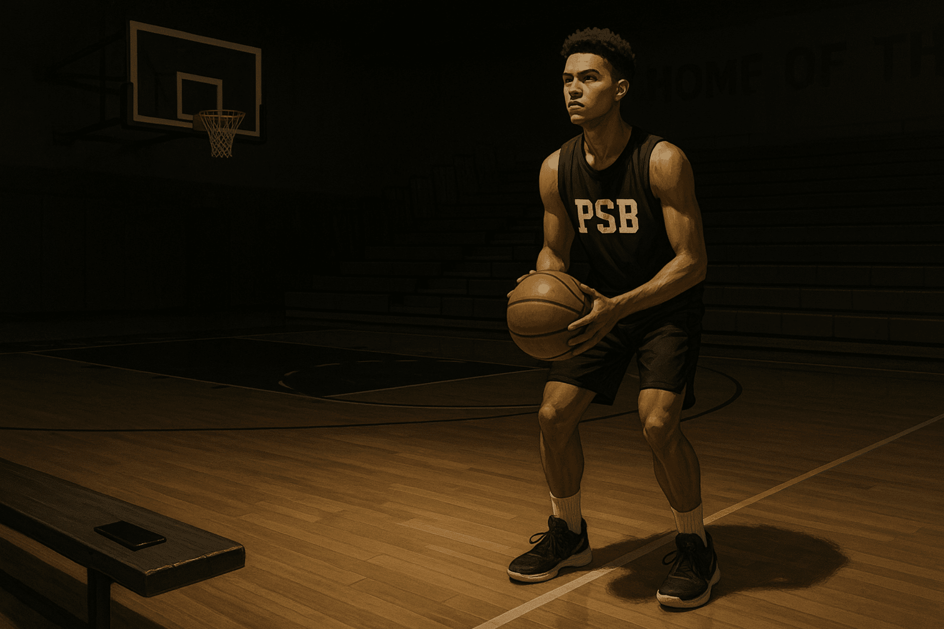 High school basketball player practicing alone in a dimly lit gym, focused on self-improvement.